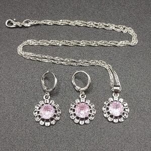 925 Silver Pink Necklace Earrings Flower CZ Diamond Set Spring Summer BOHO Gift